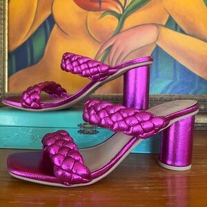 A New Day Sandal Basil Pink Metallic Braided Strap Slip On Heels Sz 8.5 Y2K
